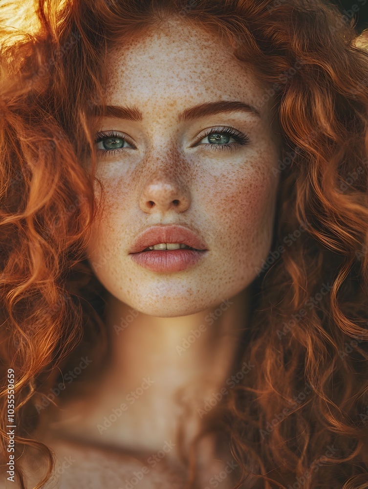 Elegant Portrait of Curly Red Haired Woman with Freckles in Natural Light Elegant Portrait of Curly Red Haired Woman with Freckles in Natural Light