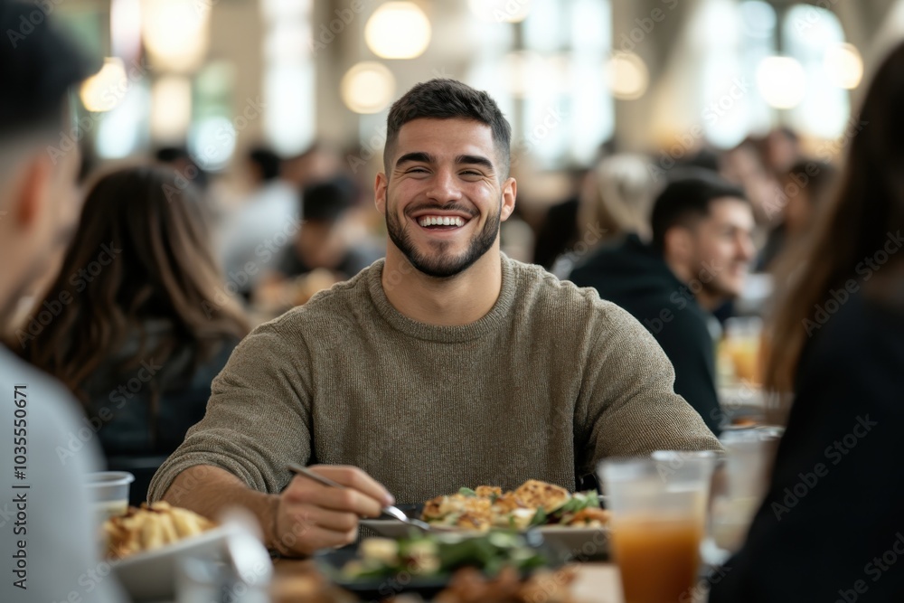 A cheerful man with a welcoming smile enjoys a delicious meal in a busy restaurant setting, highlighting social dining and shared human connections. A cheerful man with a welcoming smile enjoys a delicious meal in a busy restaurant setting, highlighting social dining and shared human connections.