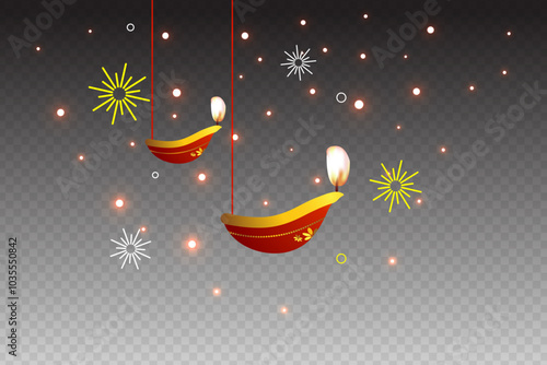 Vector illustration of diwali diya with lights on transparent background