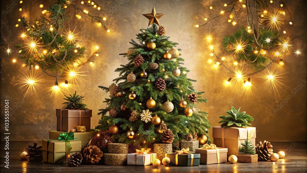 A festive Christmas tree adorned with golden ornaments and twinkling lights, surrounded by beautifully wrapped gifts, creating an enchanting winter wonderland scene. A festive Christmas tree adorned with golden ornaments and twinkling lights, surrounded by beautifully wrapped gifts, creating an enchanting winter wonderland scene.