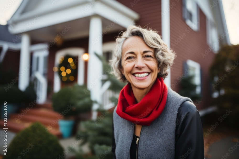 Portrait of a elderly Caucasian woman smiling in front of nursing home during Christmas Portrait of a elderly Caucasian woman smiling in front of nursing home during Christmas