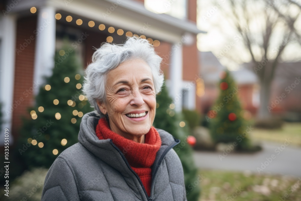 Portrait of a elderly Caucasian woman smiling in front of nursing home during Christmas Portrait of a elderly Caucasian woman smiling in front of nursing home during Christmas