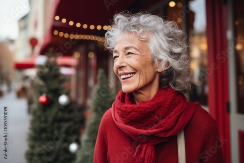 Portrait of a elderly Caucasian woman smiling in front of nursing home during Christmas