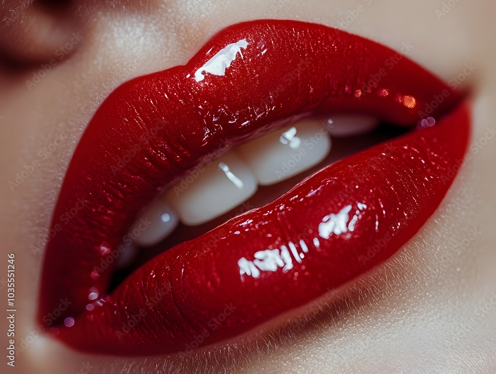 Obraz premium Captivating Crimson Lips A Sensual Close Up of Glossy Red Lipstick