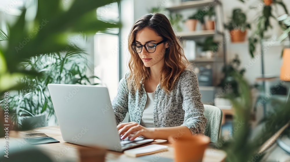 Woman Working on Laptop in a Home Office with Plants Woman Working on Laptop in a Home Office with Plants