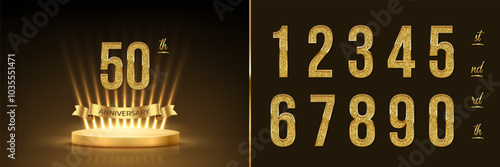 Anniversary gold award podium with glittering numbers set template. Celebration birthday or jubilee golden vector background. Luxury stage with glowing rays, number 50, ribbon with text anniversary.