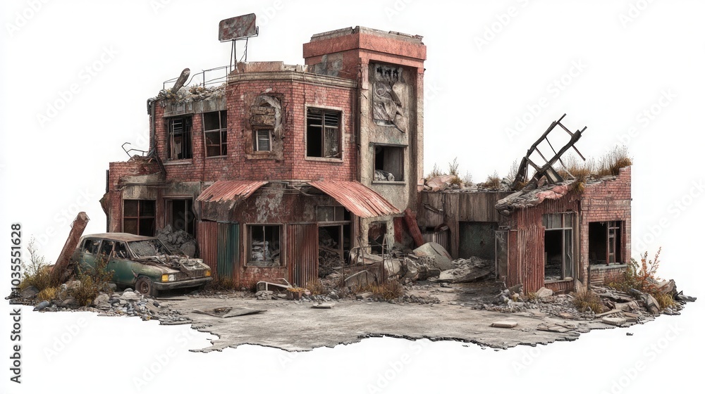 Desolate Urban Ruins, a haunting depiction of a post-apocalyptic town, featuring crumbling structures and scattered debris, set against a white background for versatile use.