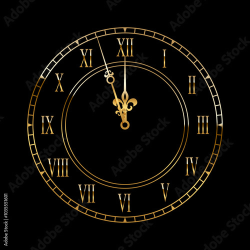 Gold clock face with midnight time. 3d golden watch on black background. Classic vintage luxury elegant roman numeral clock. Realistic vector illustration for new year or Christmas greeting card.
