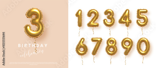 Birthday anniversary golden numbers set template with number 3. Celebration birthday vector background. Gold numbers in form of balloons on beige for party invitation, greeting card, poster, event.