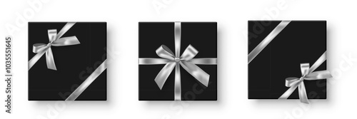 Silver ribbons with bow set. Gift wrapping decoration on black background. Collection of present box decoration. Realistic 3d vector design elements.