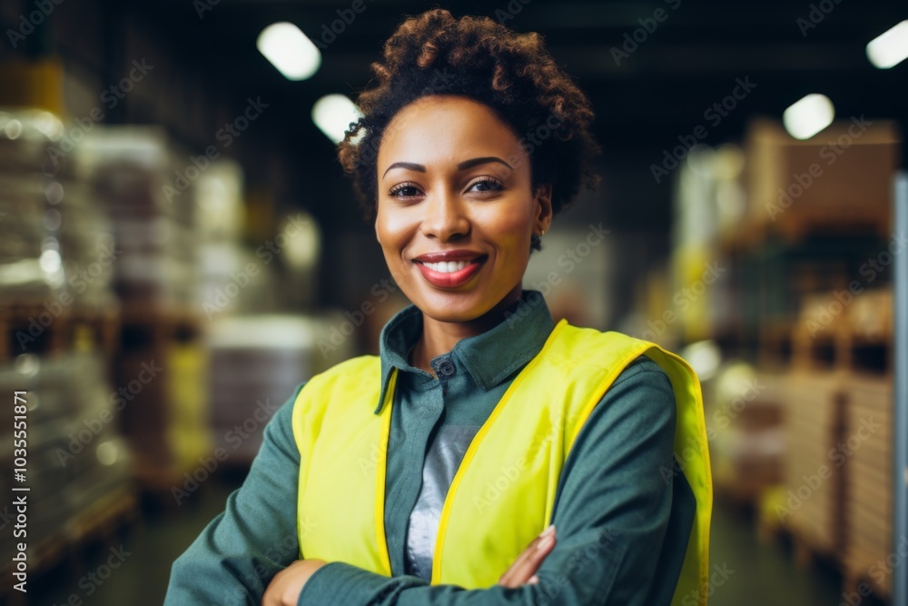 Portrait of a joyful middle aged African American female warehouse worker Portrait of a joyful middle aged African American female warehouse worker