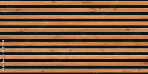Wooden panel wall background. Horizontal wooden planks with seamless pattern creating rustic backdrop. Light and dark stripes emphasize texture and natural wood grain. Furniture design.