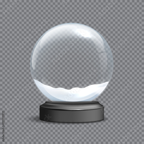 Snow globe template vector illustration. Empty glass snowball with snow on wood base with empty space for lettering. Christmas and New Year design element on transparent background.
