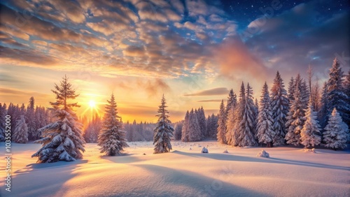 Wallpaper Mural A breathtaking winter sunrise paints the snowy landscape with a golden glow, illuminating the frosted branches of a towering pine forest. Torontodigital.ca