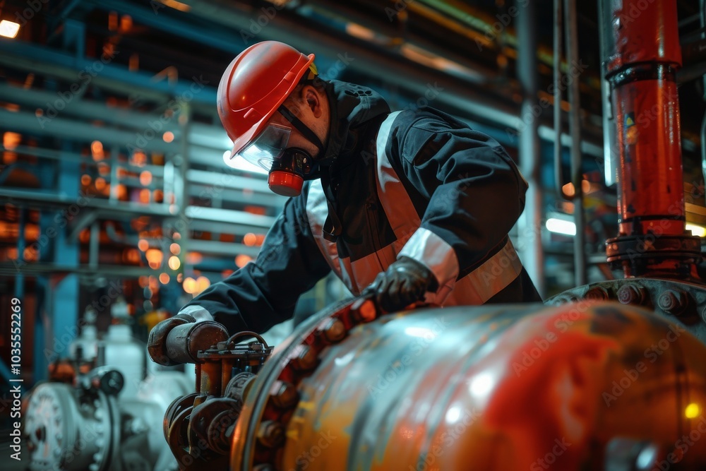 A close-up view of a worker handling an LPG gas cylinder in a safety suit, surrounded by equipment. MZ A close-up view of a worker handling an LPG gas cylinder in a safety suit, surrounded by equipment. MZ
