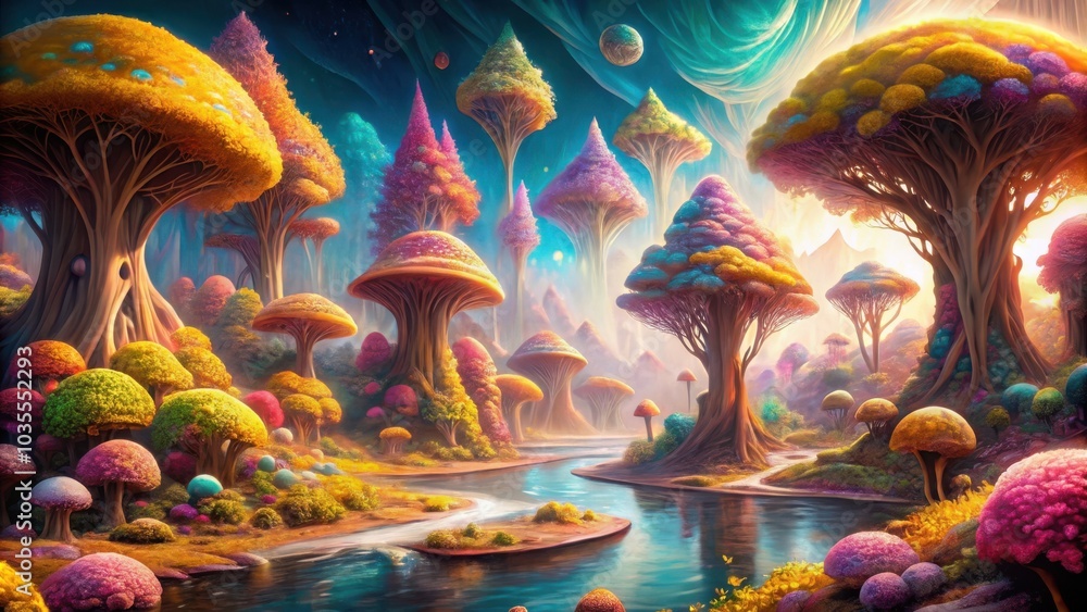 Fototapeta premium A whimsical forest with colorful trees, giant mushrooms, and a winding river, all bathed in a vibrant light.