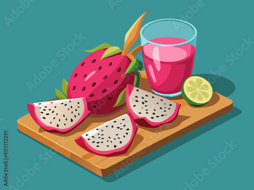 Dragon Fruit with Juice – Vibrant Flat Lay on Wooden Cutting Board. delicious dragon fruit 