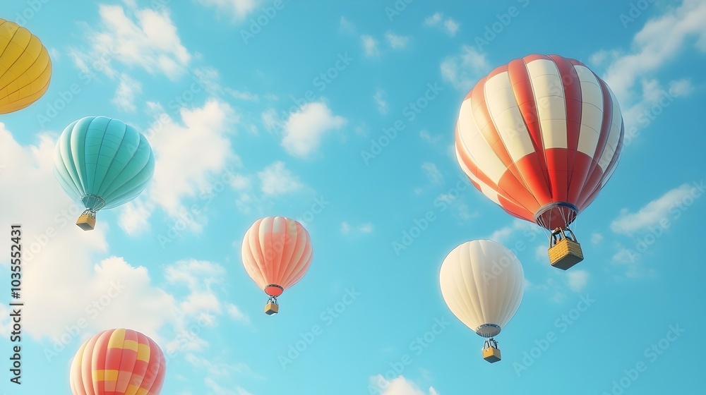 Naklejka premium Colorful Hot Air Balloons Soaring in Picturesque Blue Sky with Fluffy Clouds