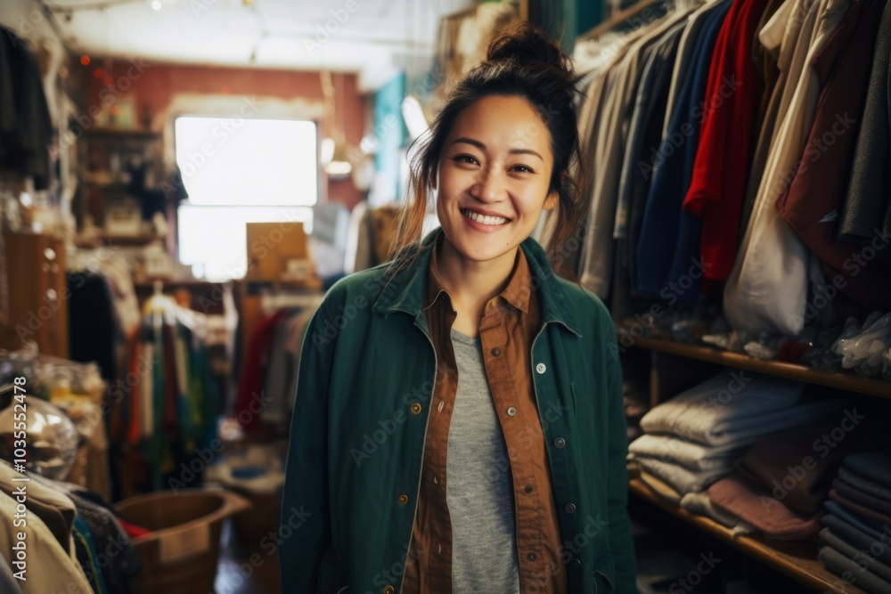 Portrait of a smiling Asian woman owner of second hand shop Portrait of a smiling Asian woman owner of second hand shop