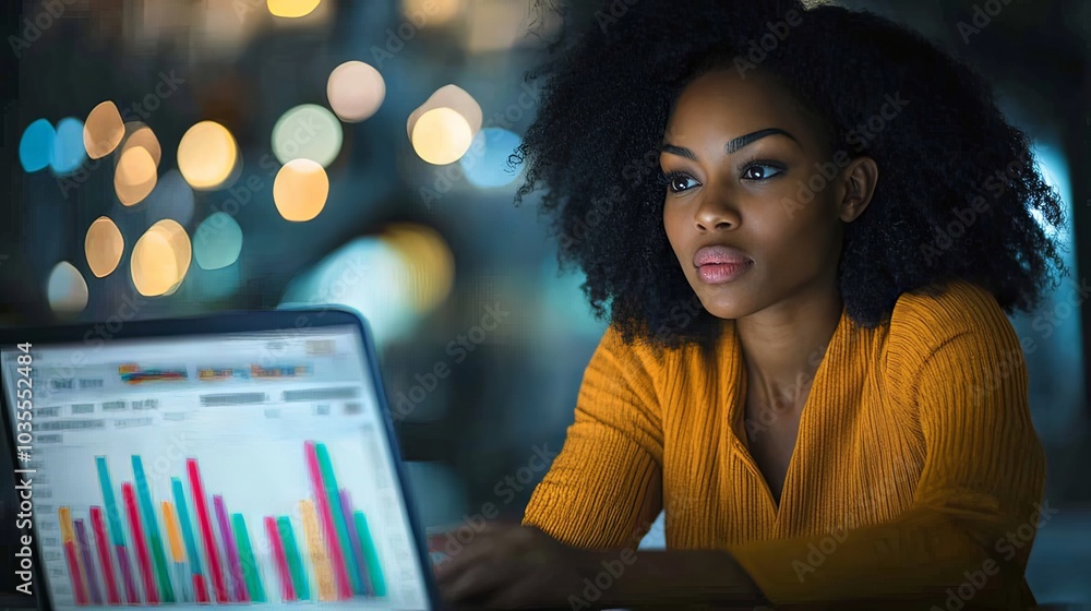 African American woman analyzing financial data on laptop screen. African American woman analyzing financial data on laptop screen.