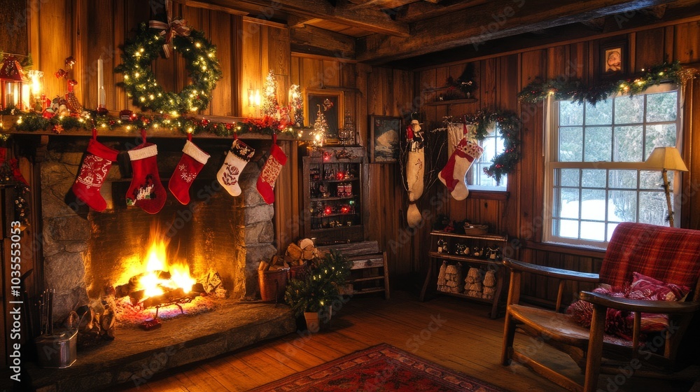 Christmas cabin decorated with a glowing fire, wreaths, and stockings hanging from the mantel. Christmas cabin decorated with a glowing fire, wreaths, and stockings hanging from the mantel.