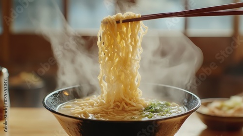 Steaming bowl of ramen noodles being lifted with chopsticks in a cozy setting. photo