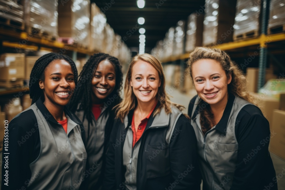 Smiling portrait of a diverse group of female warehouse workers Smiling portrait of a diverse group of female warehouse workers