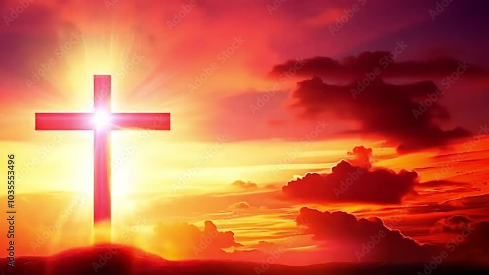 Cross glowing at sunset with radiant light and colorful sky. Catholic religious video. Symbol of faith with glowing cross against sunset backdrop.
Cross glowing at sunset with radiant light and colorful sky. Catholic religious video. Symbol of faith with glowing cross against sunset backdrop.