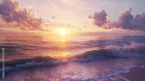 A captivating sunrise over the ocean, with soft waves gently lapping at the shore and birds soaring above.