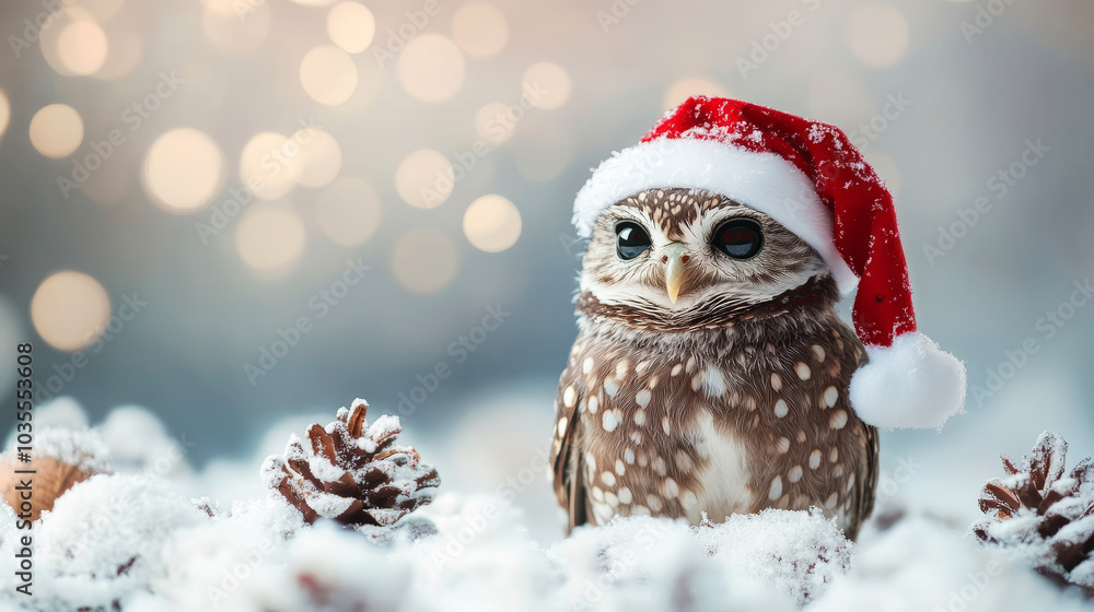 Festive Owl in Santa Hat Surrounded by Snow Festive Owl in Santa Hat Surrounded by Snow