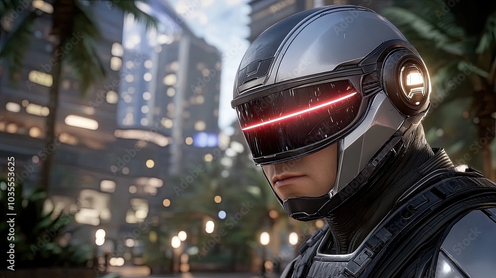 A robotic soldier stands confidently, gun in hand, showcasing its advanced cyberpunk design with red-lit features against a grey background A robotic soldier stands confidently, gun in hand, showcasing its advanced cyberpunk design with red-lit features against a grey background