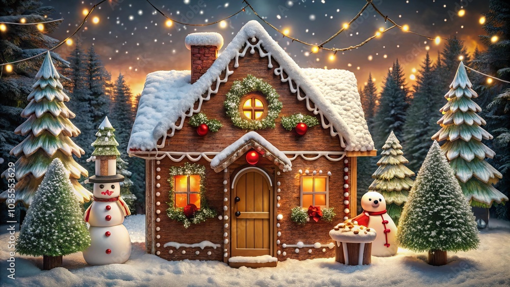 A whimsical gingerbread house nestled amidst a snowy forest, illuminated by warm string lights, creating a magical winter wonderland. A whimsical gingerbread house nestled amidst a snowy forest, illuminated by warm string lights, creating a magical winter wonderland.