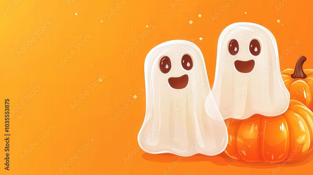 Two playful cartoon ghosts beside a pumpkin against a bright orange background, capturing a cheerful Halloween spirit. Two playful cartoon ghosts beside a pumpkin against a bright orange background, capturing a cheerful Halloween spirit.