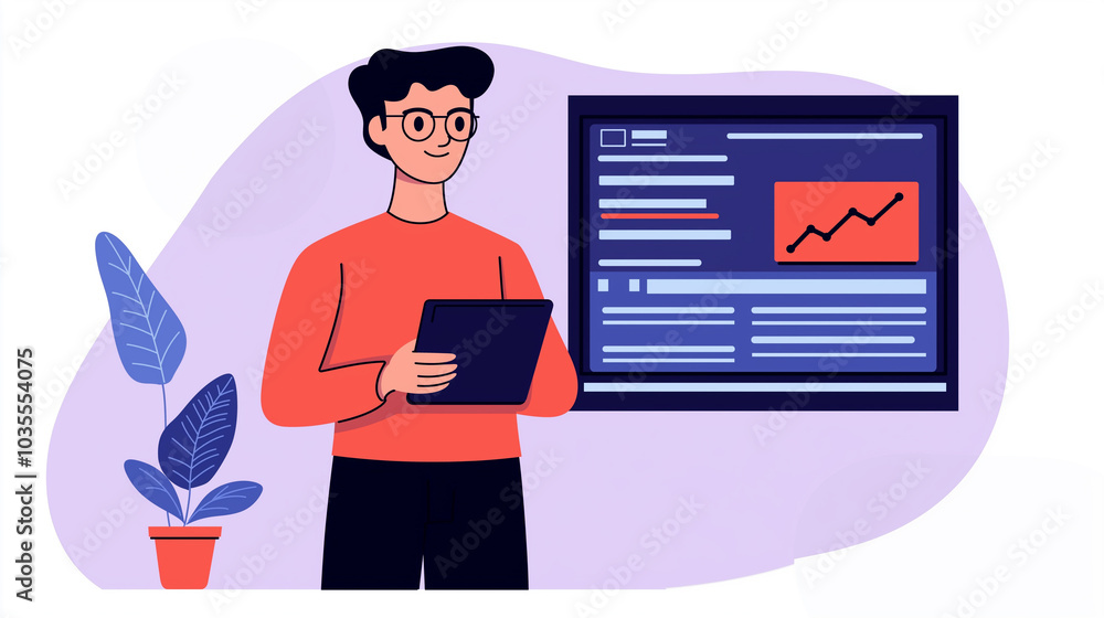Businessman Analyzing Data on Tablet and Monitor Businessman Analyzing Data on Tablet and Monitor