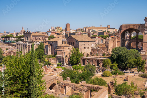 Looking down from  the Domus Tiberiana on the Palatine Hill towards the Basilica of Maxentius in the Roman Forums. photo