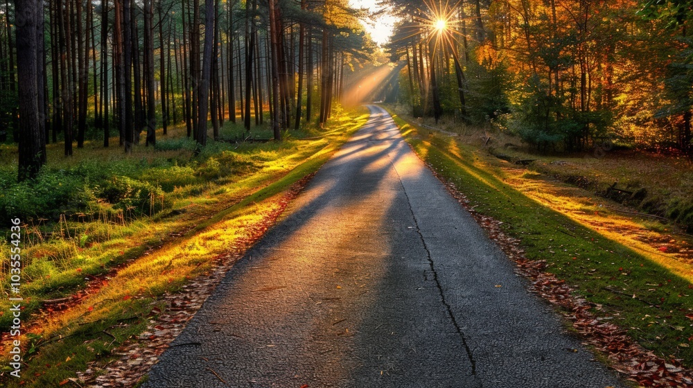 Fototapeta premium Sunlight Illuminating a Path Through Autumnal Forest