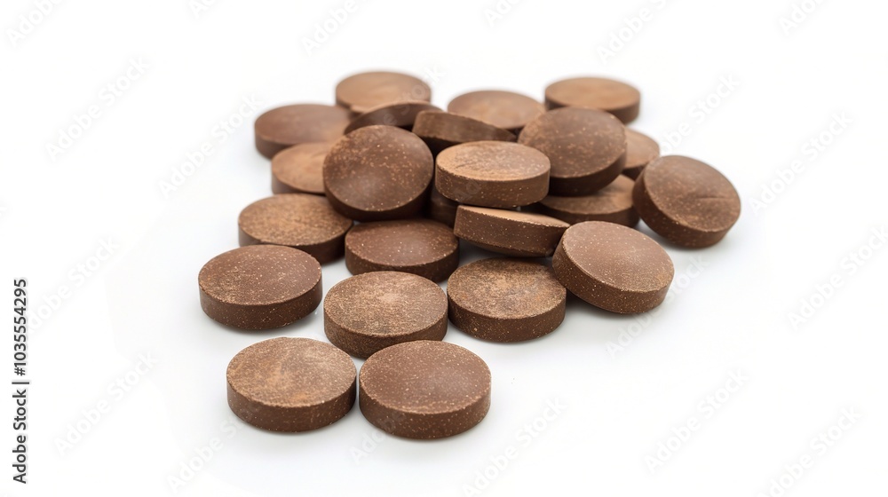 Brown herbal pill tablet on white background - a natural remedy in a simple yet striking presentation Brown herbal pill tablet on white background - a natural remedy in a simple yet striking presentation