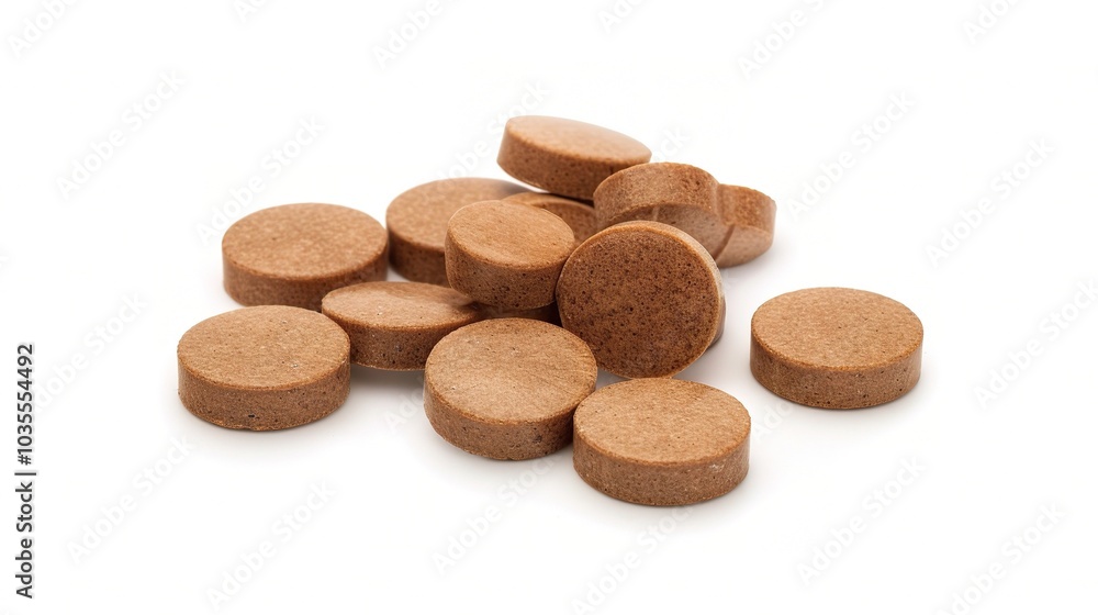 Brown herbal pill tablet on white background - a natural remedy in a simple yet striking presentation Brown herbal pill tablet on white background - a natural remedy in a simple yet striking presentation