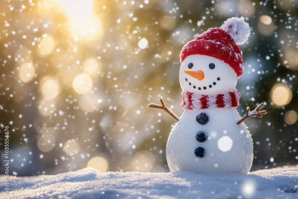 Cheerful Snowman in Winter Wonderland Scene Cheerful Snowman in Winter Wonderland Scene