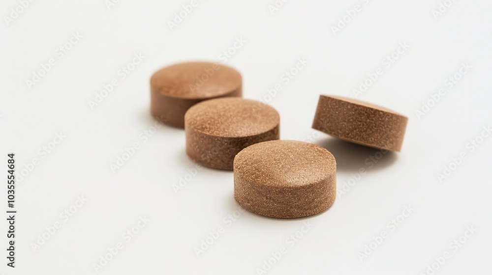 Brown herbal pill tablet on white background - a natural remedy in a simple yet striking presentation Brown herbal pill tablet on white background - a natural remedy in a simple yet striking presentation
