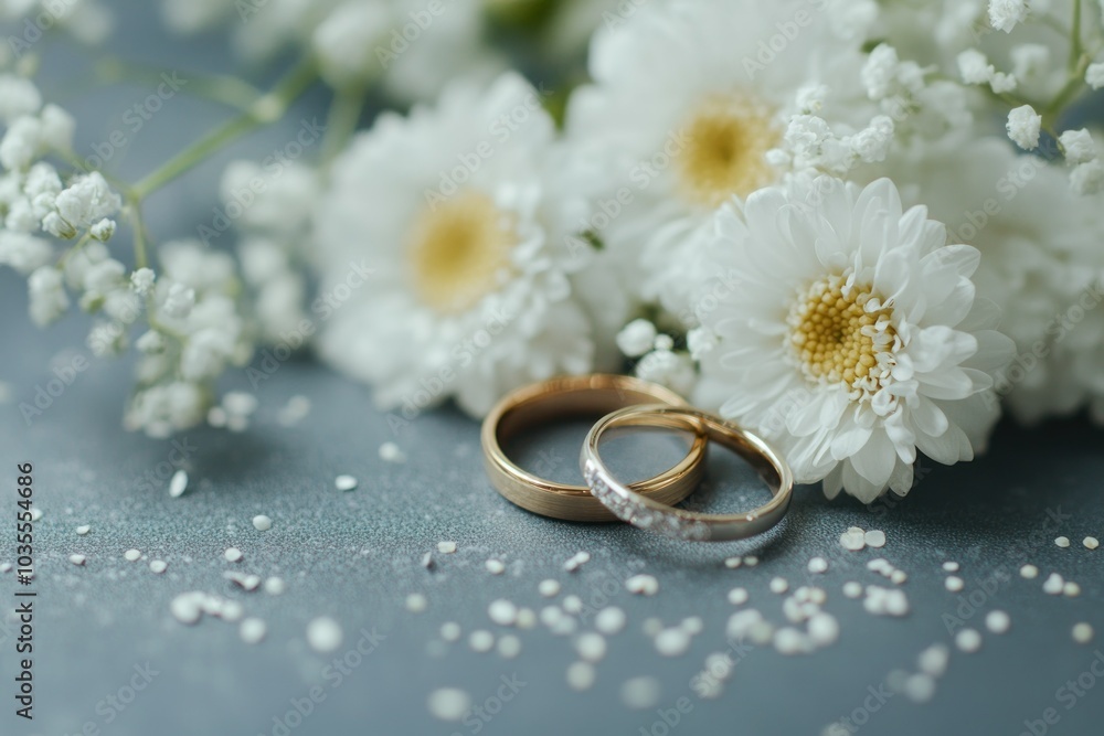 Elegant Wedding Rings with White Flowers and Confetti Elegant Wedding Rings with White Flowers and Confetti