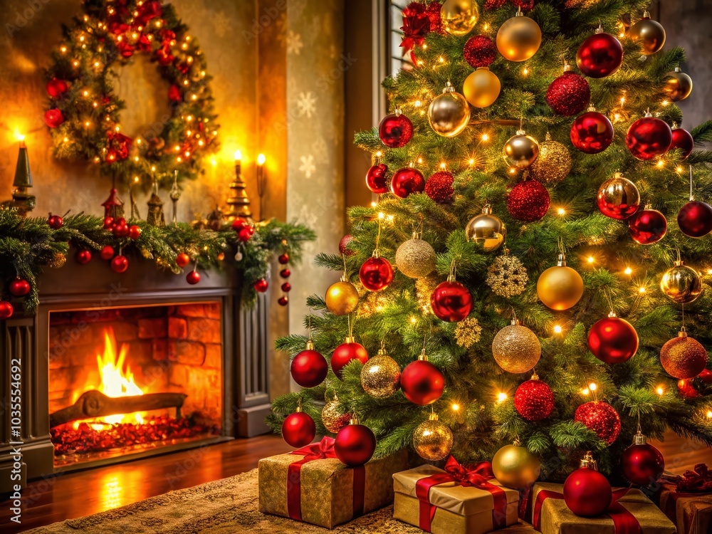 Stunning Christmas Tree with Red and Gold Ornaments and Fireplace Glow for Holiday Decor Inspiration Stunning Christmas Tree with Red and Gold Ornaments and Fireplace Glow for Holiday Decor Inspiration