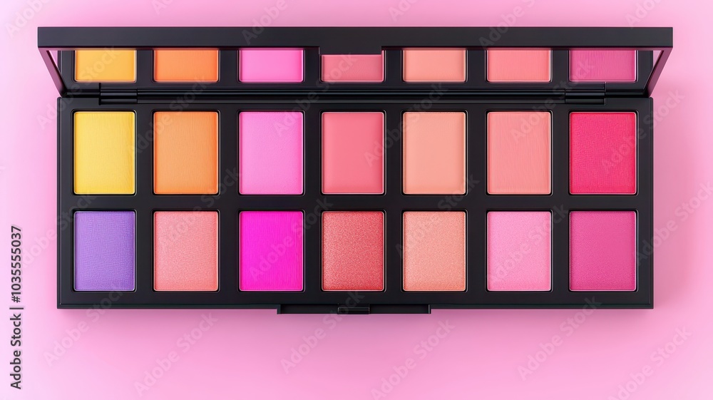Colorful makeup palette with various shades on a pink background, ideal for beauty enthusiasts. Colorful makeup palette with various shades on a pink background, ideal for beauty enthusiasts.