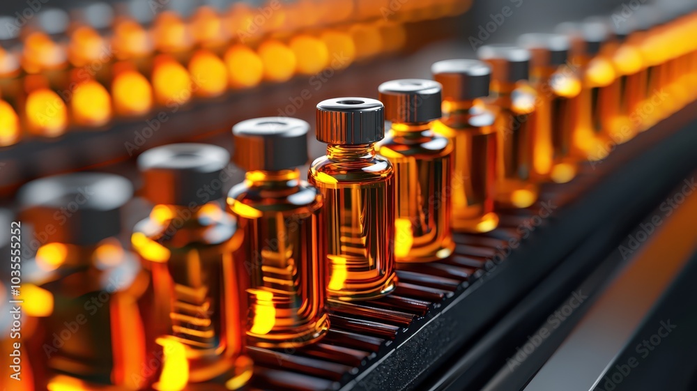 Vials filled with amber liquid, arranged neatly on a production line with a blurred background. Vials filled with amber liquid, arranged neatly on a production line with a blurred background.