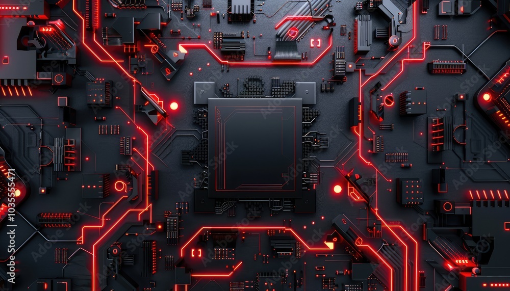 Fototapeta premium Abstract 3D Render of a Futuristic Circuit Board with Glowing Red Lines