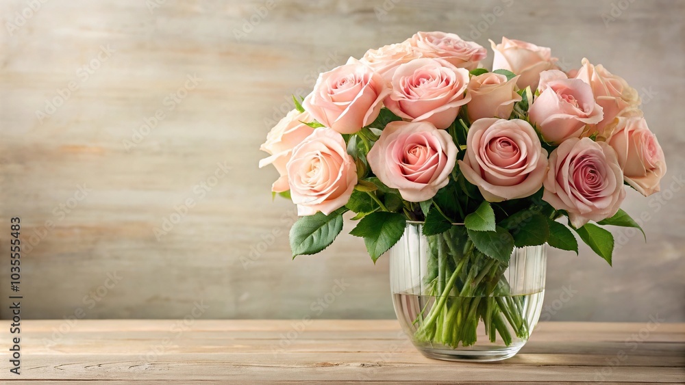 A stunning arrangement of fresh-cut roses in a elegant vase with soft pink petals and delicate green leaves, home decor, beautiful flowers A stunning arrangement of fresh-cut roses in a elegant vase with soft pink petals and delicate green leaves, home decor, beautiful flowers