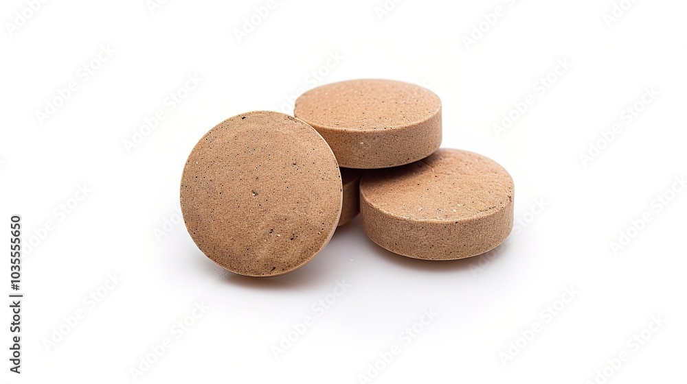Brown herbal pill tablet on white background - a natural remedy in a simple yet striking presentation Brown herbal pill tablet on white background - a natural remedy in a simple yet striking presentation