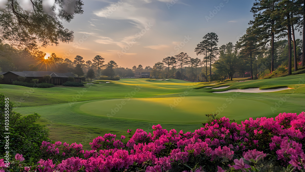 The golf course at the Masters in Augusta, Georgia, is the opposite of dull, with pink azaleas and lush green grass The golf course at the Masters in Augusta, Georgia, is the opposite of dull, with pink azaleas and lush green grass