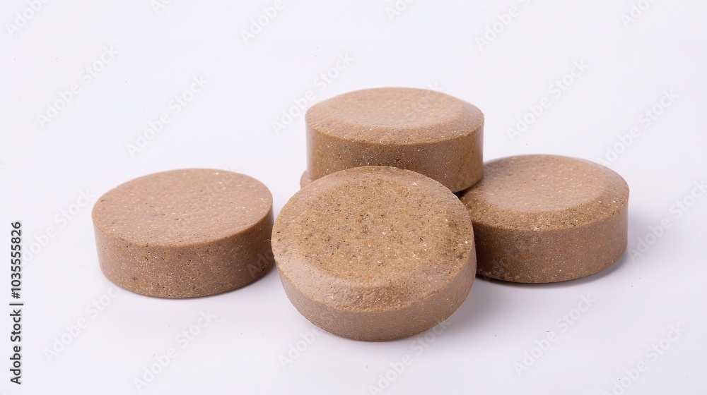 Brown herbal pill tablet on white background - a natural remedy in a simple yet striking presentation Brown herbal pill tablet on white background - a natural remedy in a simple yet striking presentation