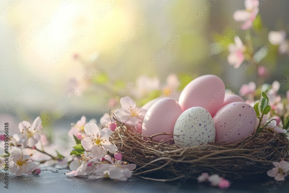 Fototapeta premium Soft Pastel Easter Eggs in a Nest with Spring Flowers